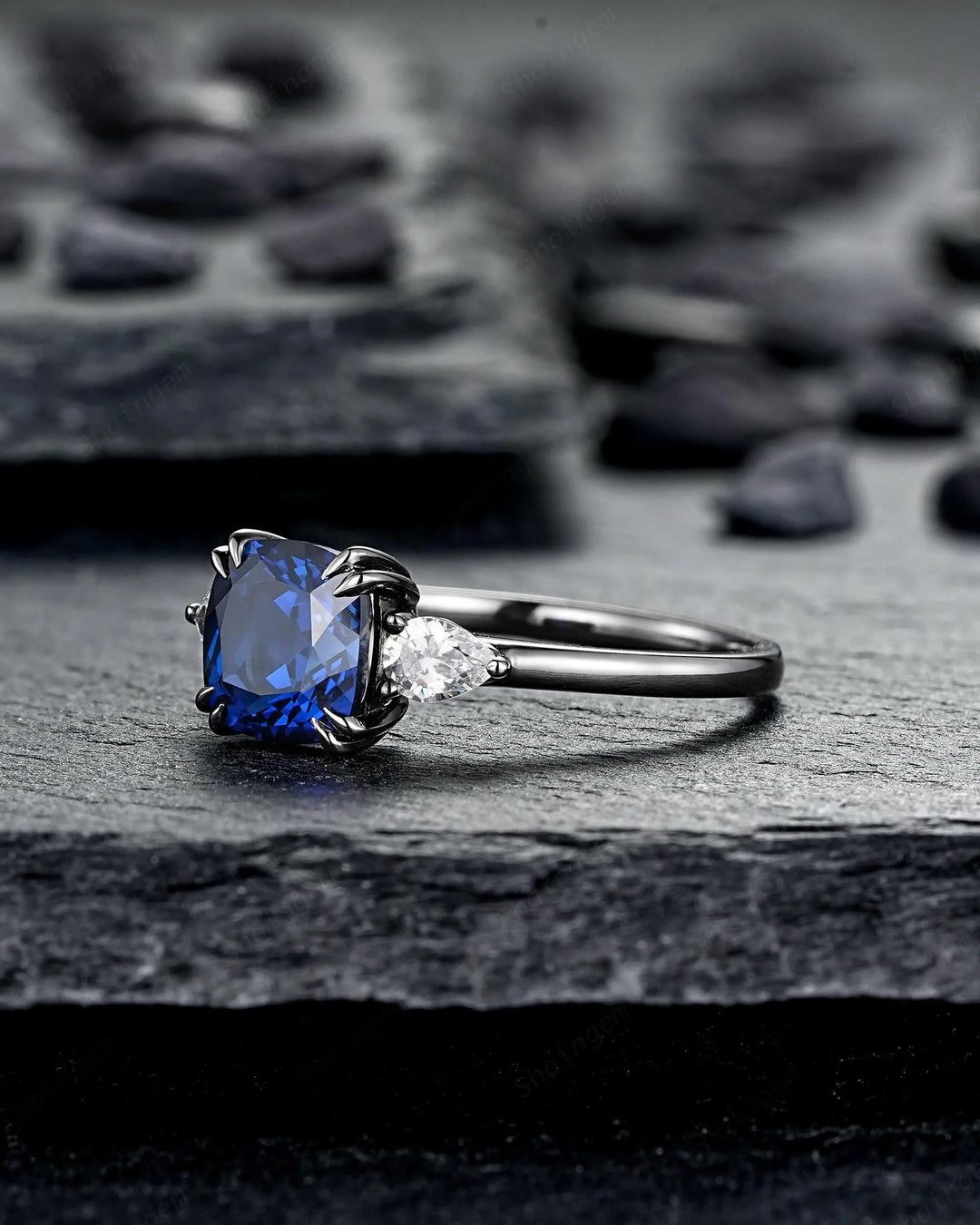 Goth Black Gold Cushion Cut Blue Sapphire Engagement Ring, Rhodium Black Three Stones Promise, Witchy Gothic 3 Stones Wedding Gift for Woman - ShainJewelry