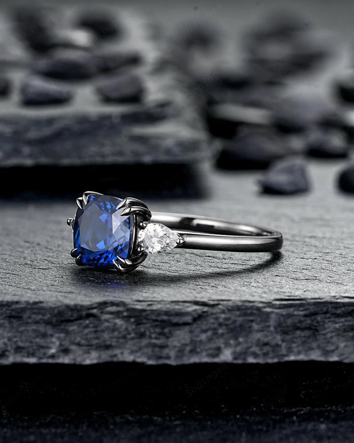 Goth Black Gold Cushion Cut Blue Sapphire Engagement Ring, Rhodium Black Three Stones Promise, Witchy Gothic 3 Stones Wedding Gift for Woman - ShainJewelry