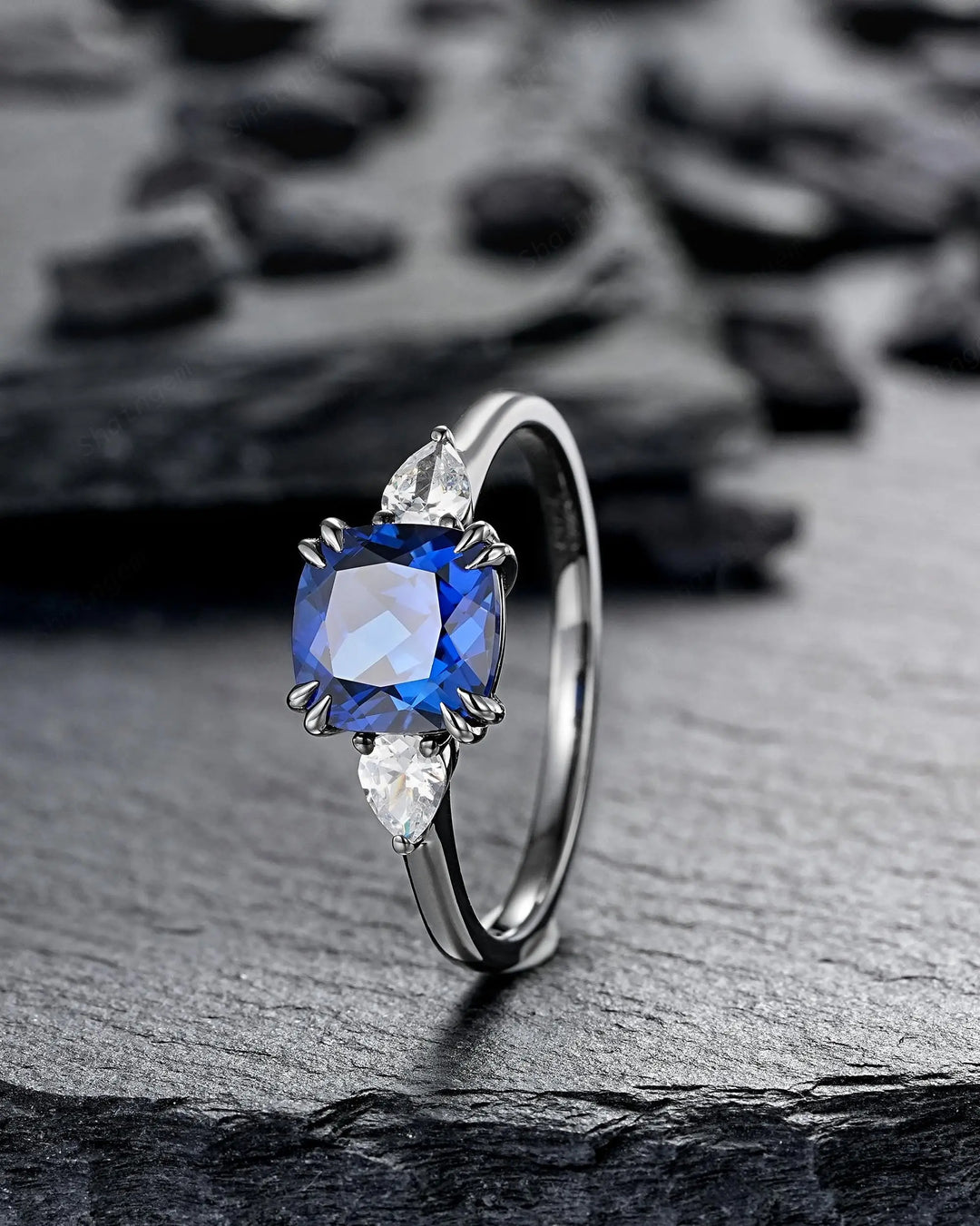 Goth Black Gold Cushion Cut Blue Sapphire Engagement Ring, Rhodium Black Three Stones Promise, Witchy Gothic 3 Stones Wedding Gift for Woman - ShainJewelry