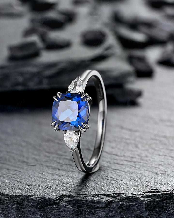 Goth Black Gold Cushion Cut Blue Sapphire Engagement Ring, Rhodium Black Three Stones Promise, Witchy Gothic 3 Stones Wedding Gift for Woman - ShainJewelry