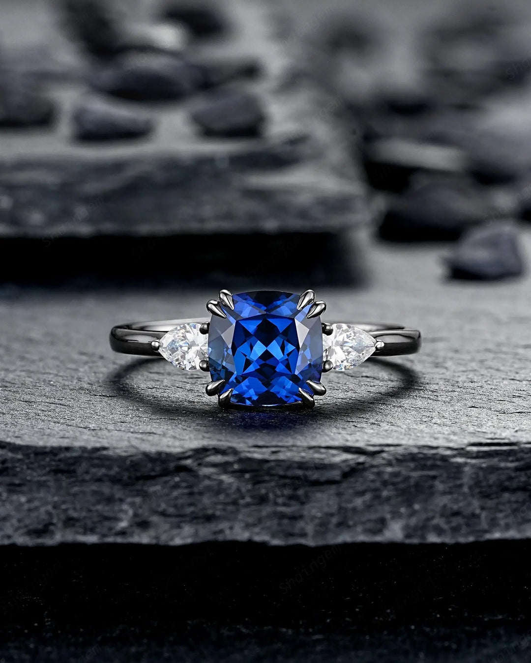 Goth Black Gold Cushion Cut Blue Sapphire Engagement Ring, Rhodium Black Three Stones Promise, Witchy Gothic 3 Stones Wedding Gift for Woman - ShainJewelry