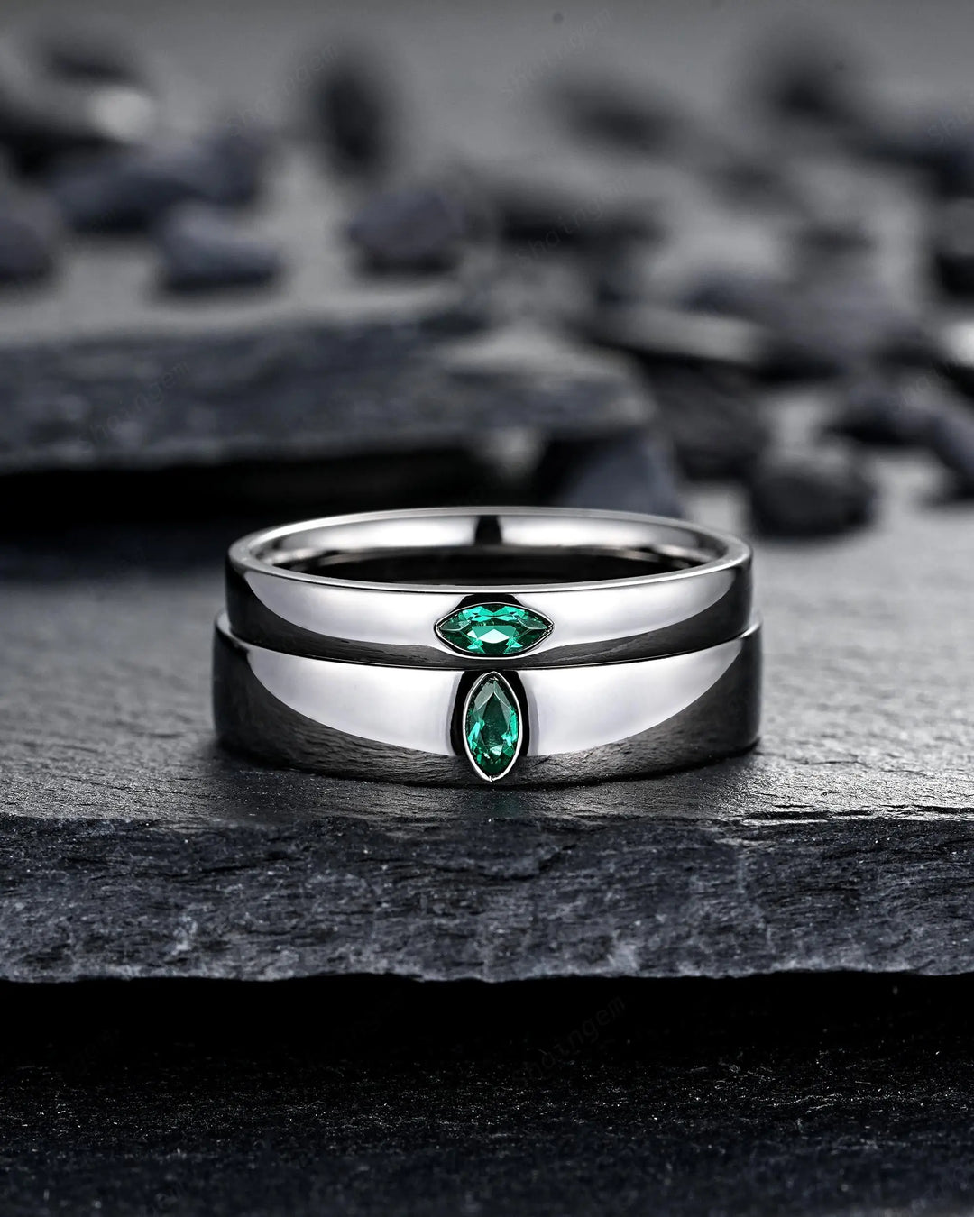 Gothic His and Hers Marquise Emerald Solitaire Couple Ring Set, Full Bezel Black Rhodium Matching Wedding Band Promise Engagement Rings - ShainJewelry