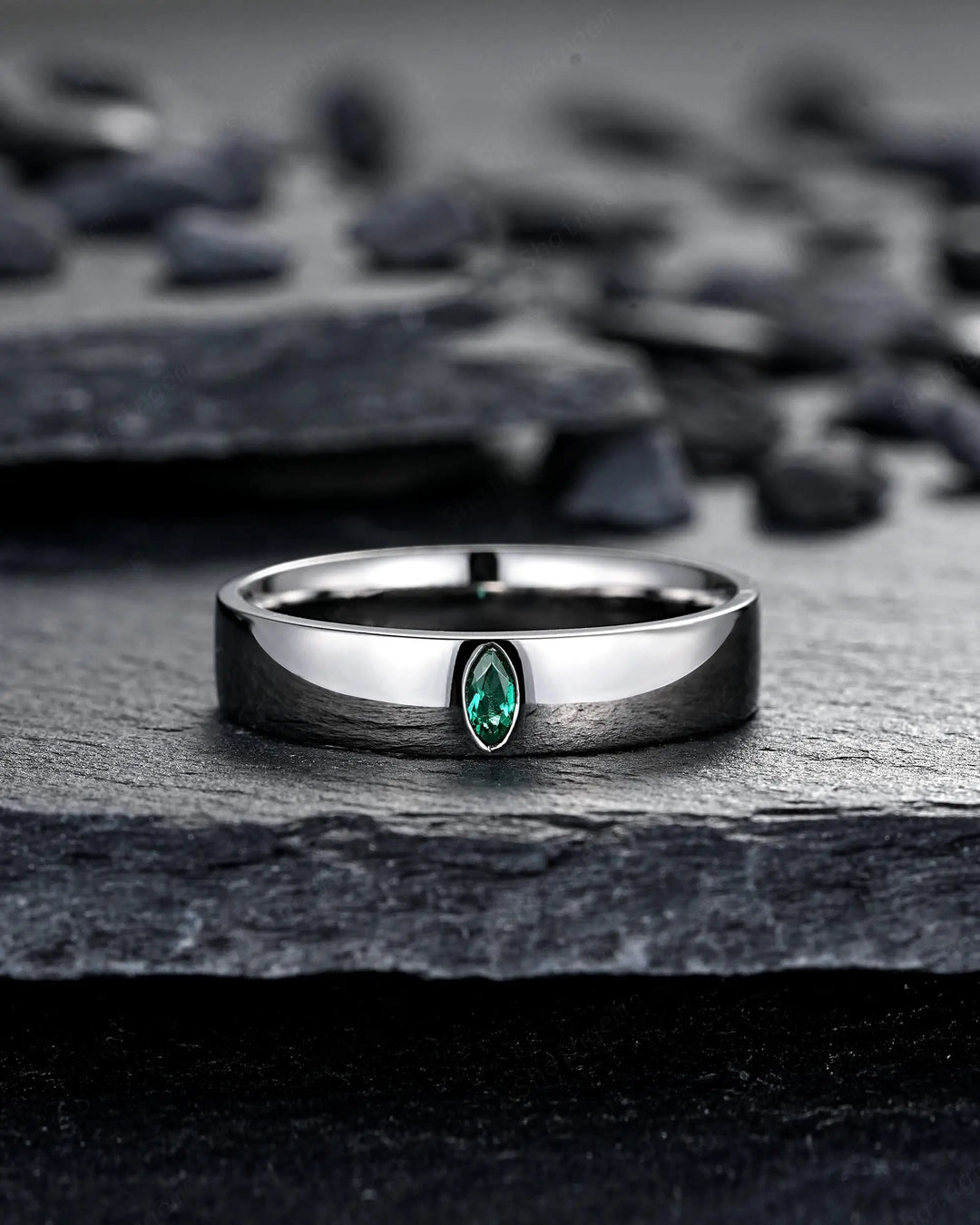 Gothic His and Hers Marquise Emerald Solitaire Couple Ring Set, Full Bezel Black Rhodium Matching Wedding Band Promise Engagement Rings - ShainJewelry