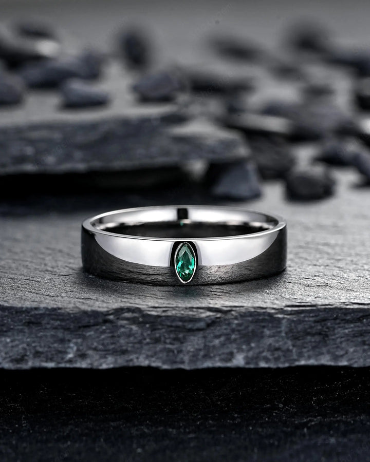 Gothic His and Hers Marquise Emerald Solitaire Couple Ring Set, Full Bezel Black Rhodium Matching Wedding Band Promise Engagement Rings - ShainJewelry
