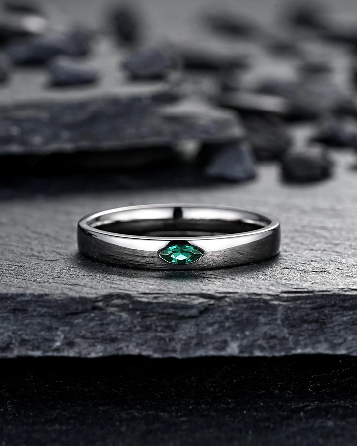 Gothic His and Hers Marquise Emerald Solitaire Couple Ring Set, Full Bezel Black Rhodium Matching Wedding Band Promise Engagement Rings - ShainJewelry