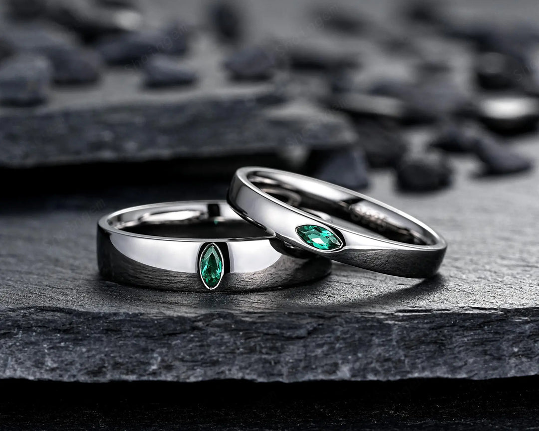 Gothic His and Hers Marquise Emerald Solitaire Couple Ring Set, Full Bezel Black Rhodium Matching Wedding Band Promise Engagement Rings - ShainJewelry