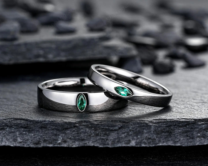 Gothic His and Hers Marquise Emerald Solitaire Couple Ring Set, Full Bezel Black Rhodium Matching Wedding Band Promise Engagement Rings - ShainJewelry
