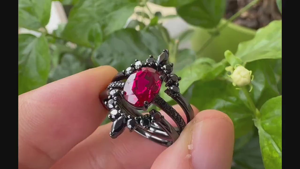 3PCS Oval Ruby Black Engagement Ring Set, Black Gold Finish Ruby Promise Ring Set, Vintage Rhodium Black Ruby Wedding Ring Gift for Her - ShainJewelry
