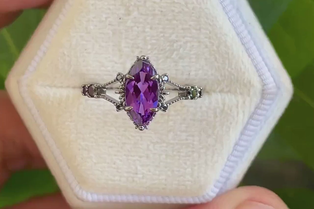 Gothic Back Gold Marquise Cut Violet Purple Sapphire Engagement Ring, Black Rhodium Wedding Ring, Promise Ring Anniversary Gift for Women - ShainJewelry