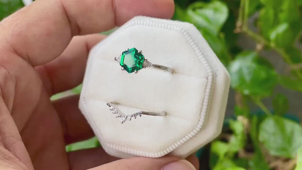 Unique Hammered Emerald Engagement Ring Set, Hand Forged 14K 18K White Gold Hexagon Cut Green Emerald Wedding Bridal Set ,Promise Ring Gift - ShainJewelry