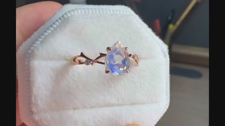Vintage 1 CT Pear Cut Natural Moonstone Diamond Engagement Ring 14K Rose Gold Moissanite Branch Promise Wedding Twig Branch Ring For Women - ShainJewelry