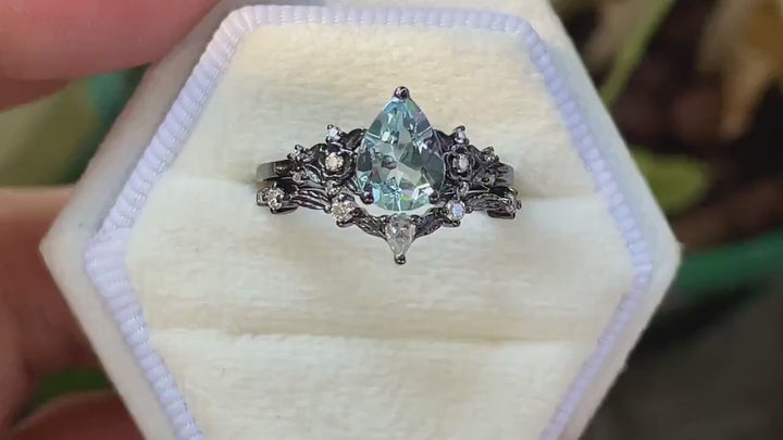 Gothic Black Gold Pear Cut Aquamarine Engagement Ring, Black Floral Promise Ring , Unique Black Rhodium Wedding Ring Bridal Set Gift for her - ShainJewelry
