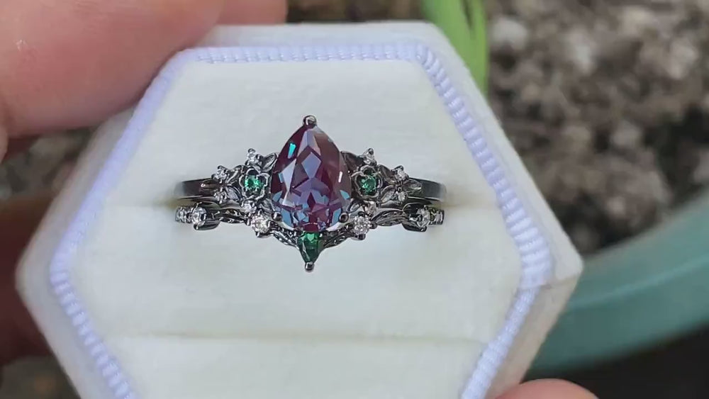 Black Gold Pear Cut Alexandrite and Emerald Engagement Ring, Black Floral Promise Ring , Unique Black Rhodium Wedding Ring Bridal Set Gift - ShainJewelry