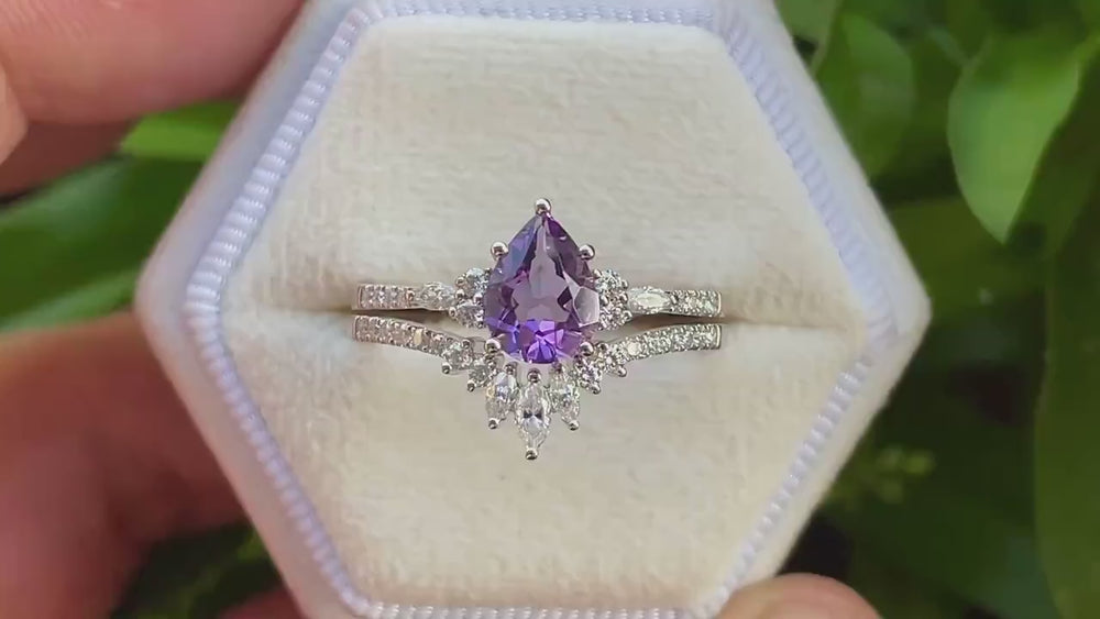 Vintage Amethyst Cluster Engagement Ring Set, Unique Rose Gold Amethyst Wedding Set, Amethyst Bridal Set Anniversary Promise Ring Set Gift - ShainJewelry