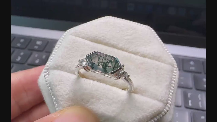 Vintage Hexagon Cut Moss Agate Cluster Engagement Ring, Sterling Silver Promise Ring 14K White Gold Wedding Ring Anniversary Gift for Women - ShainJewelry