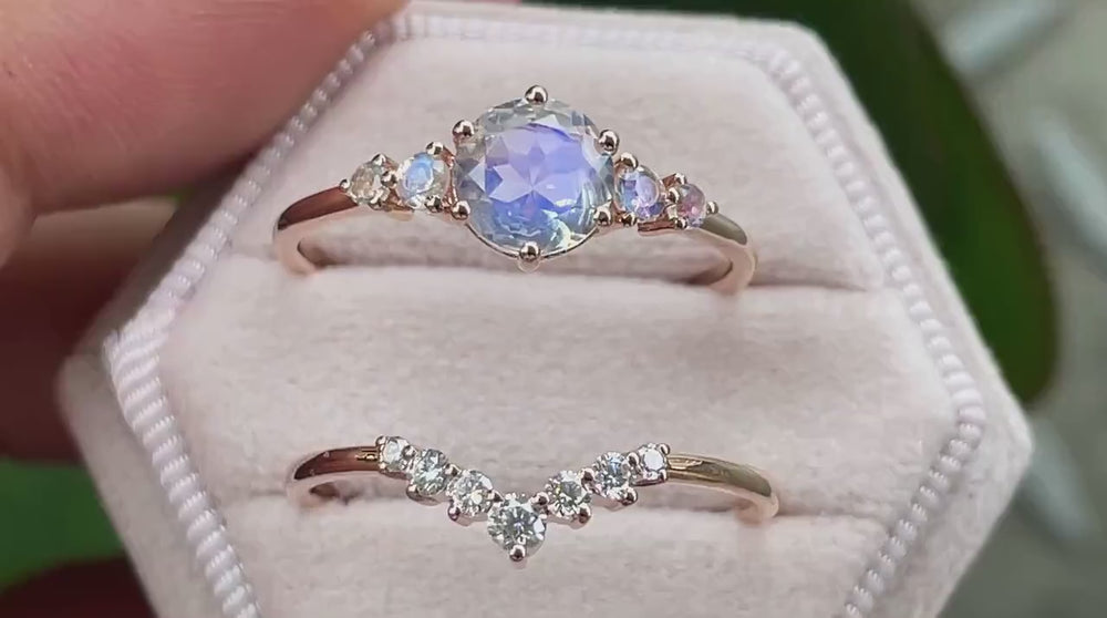 Vintage Round Moonstone Engagement Ring Set, Unique 14K Rose Gold Moonstone Wedding Promise Ring, Blue Moonstone Bridal Set Anniversary Gift