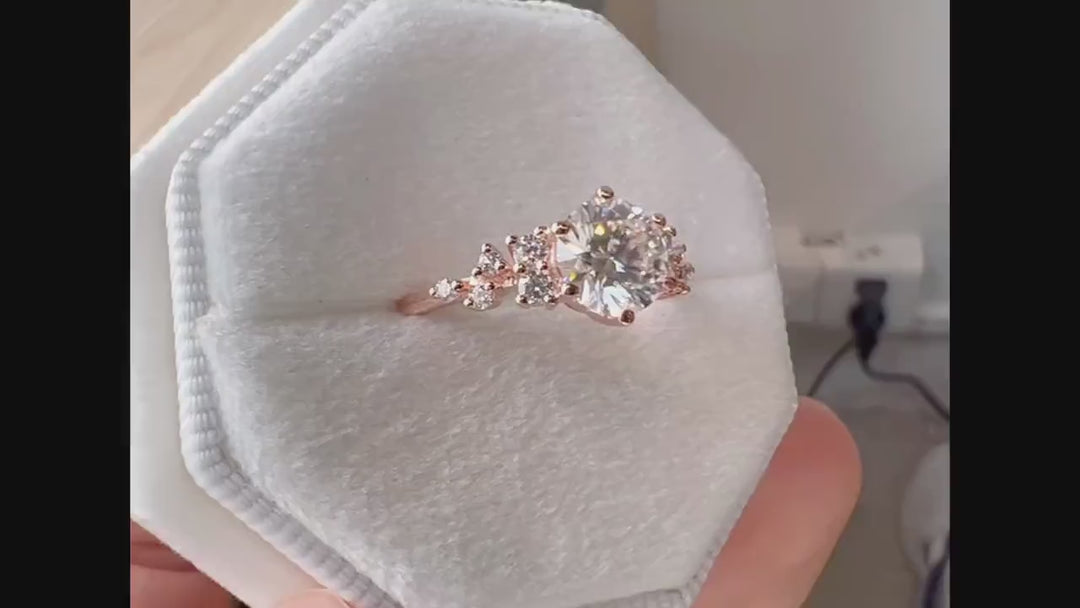 1.2CT Unique Round Cluster Moissanite Ring Diamond Engagement Ring, 14K Rose Gold Moissanite Promise Wedding Anniversary Ring Gift For Women - ShainJewelry