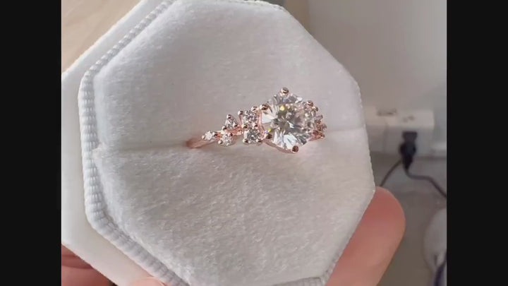 1.2CT Unique Round Cluster Moissanite Ring Diamond Engagement Ring, 14K Rose Gold Moissanite Promise Wedding Anniversary Ring Gift For Women - ShainJewelry