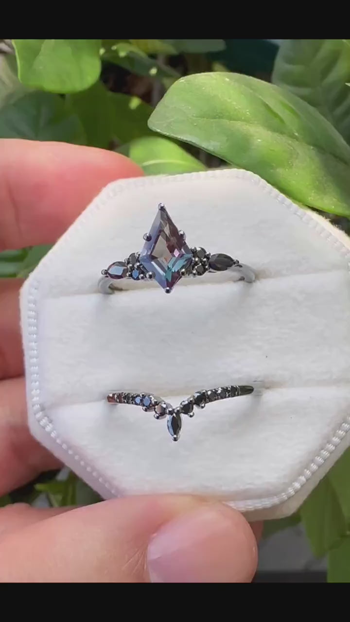 Black Gold Kite Shape Alexandrite Engagement Ring Set, Unique Black Promise Ring, Black Wedding Ring Set, Gothic Black Bridal Set for Women - ShainJewelry
