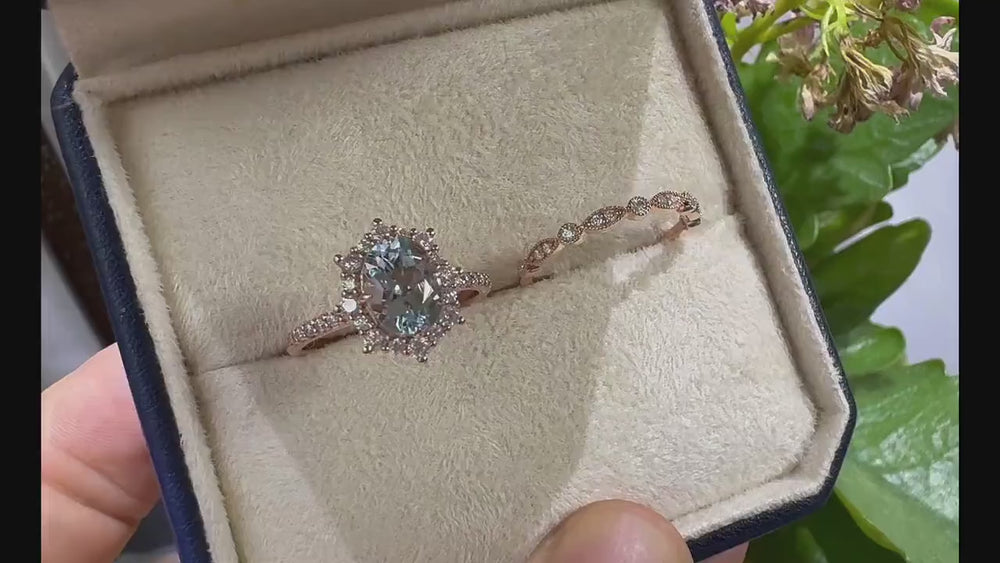 Vintage Natural Aquamarine Halo Diamond Ring Set,Oval Aquamarine Rose Gold Floral Moissanite Engagement Ring Set, Blue Aquamarine Bridal Set - ShainJewelry