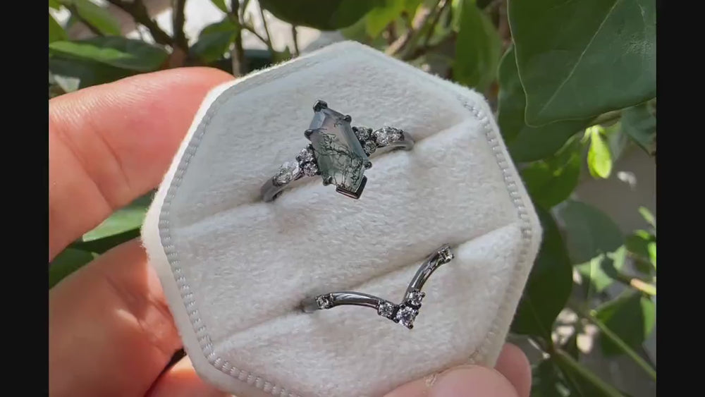 Unique Hexagon Shape Moss Agate Black Engagement Ring Set, Gothic Black Rhodium Shield Moss Agate Ring, Wedding Set Gift, Black Promise Ring - ShainJewelry