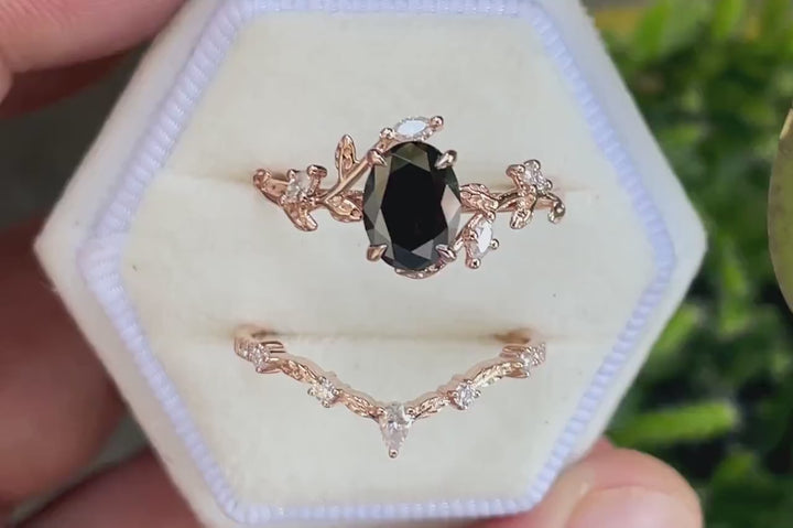 Oval Shape Black Moissanite and Diamond Engagement Ring Set, Rose Gold Twig Branch Wedding Ring, Nature Inspired Promise Ring Gift for Women - ShainJewelry