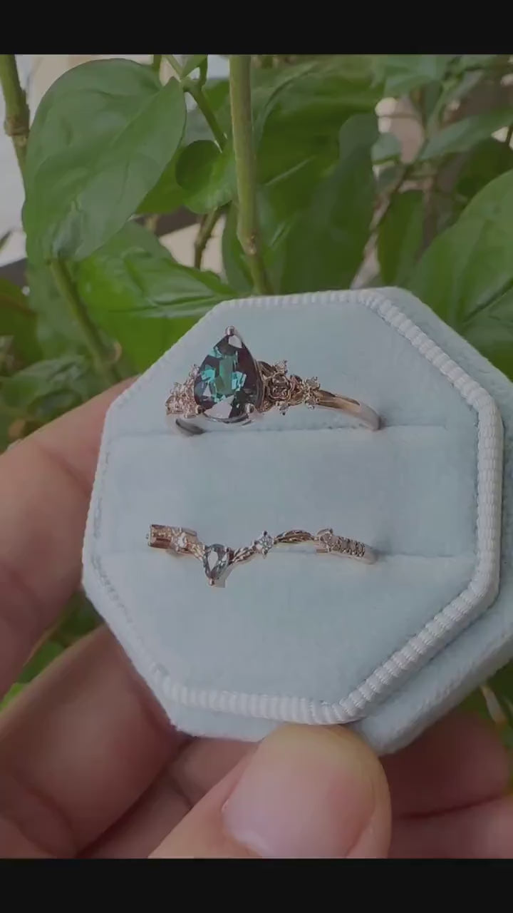 Pear Shape Alexandrite Engagement Ring Set, Solid White Gold Floral Alexandrite Promise Ring, Nature Inspired Bridal Set Gift For Women - ShainJewelry
