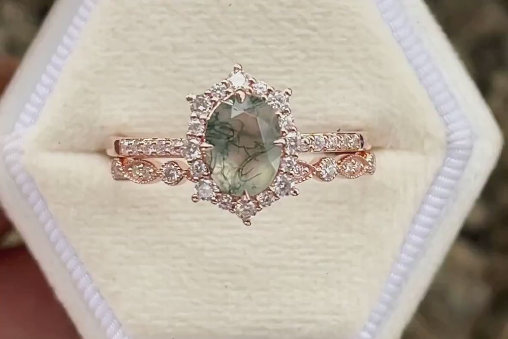 Vintage Moss Agate Halo Engagement Ring Set, Unique Oval Cut Mossy Agate Rose Gold Wedding Set, Moss Agate Bridal Set Anniversary Ring Gift - ShainJewelry