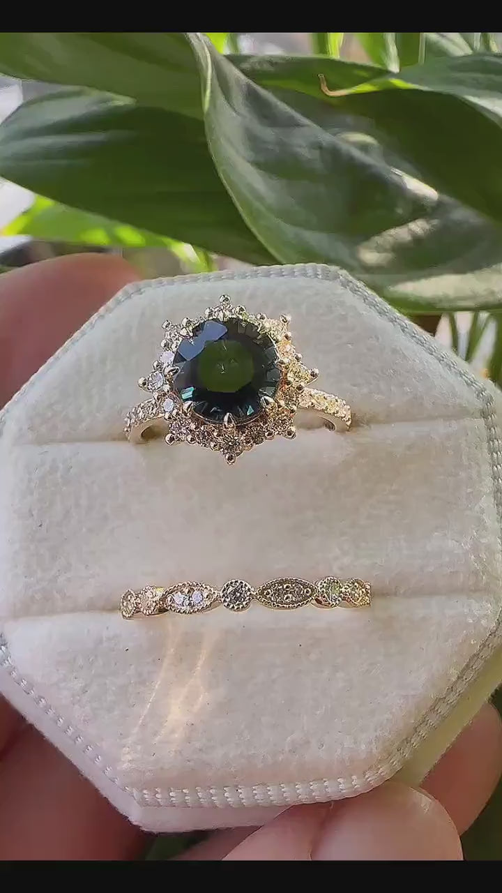 Vintage Round Natural Teal Sapphire and Diamond Engagement Ring Set, 14K 18K Gold Green Sapphire Bridal Set, Promise Anniversary Ring Gift - ShainJewelry