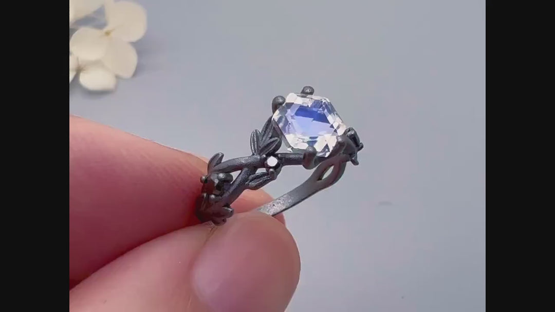 Black Gold Finish Hexagon Moonstone and Black Diamond Ring, Rhodium Black Vermeil Leaf Twig Goth Engagement Ring, Moonstone Promise Ring - ShainJewelry