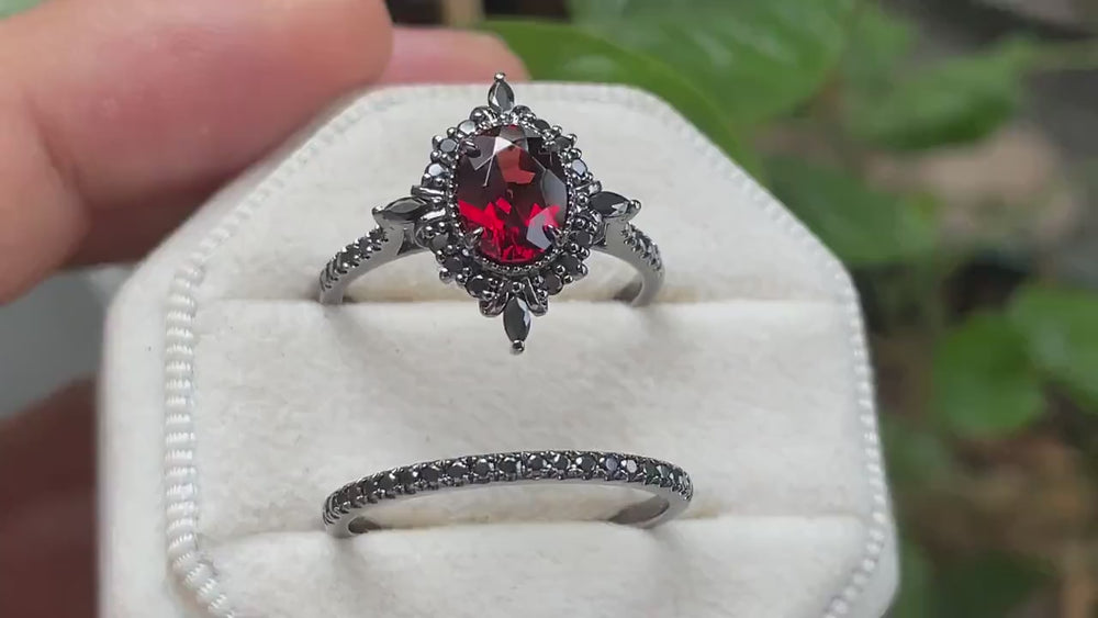 Gothic Oval Shape Rhodolite Garnet Halo Engagement Ring, Rhodium Black PeekaBoo Setting Promise Ring, Unique Half Eternity Dark Wedding Ring - ShainJewelry