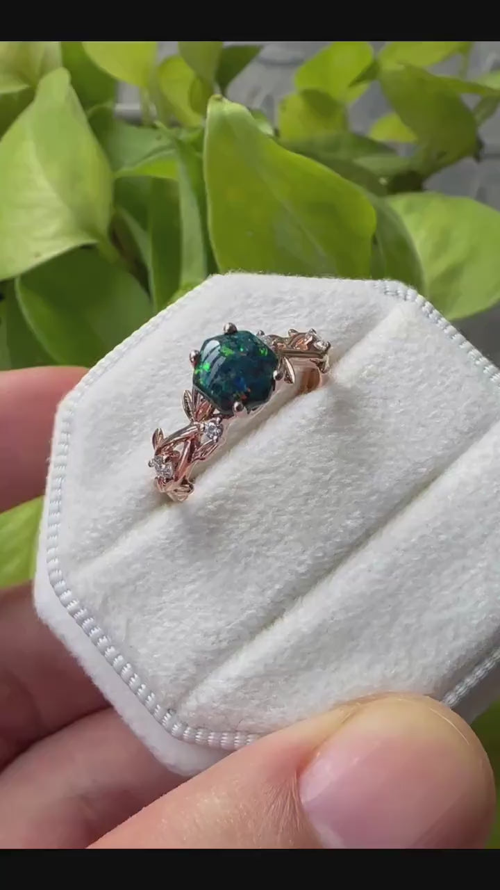 Hexagon Cut Black Fire Opal Leaf Engagement Ring, Dainty Twig Branch Promise Ring, Unique Rose Gold Mixed Color Opal Wedding Ring Gift - ShainJewelry