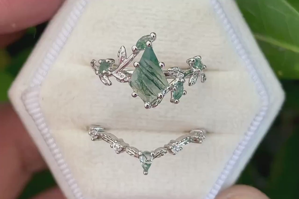 Platinum Kite Cut Moss Agate Leaf Engagement Ring Set, 14K White Gold Twig Branch Promise Wedding Ring, Silver 925 Vine Bridal Set For Women - ShainJewelry