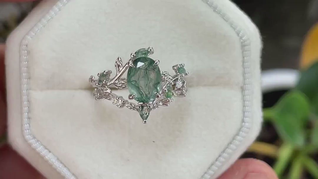 Nature Inspired Moss Agate Leaf Engagement Ring Set, Oval Shape Mossy Agate Rose Gold Wedding Set, Twig Branch Bridal Set Anniversary Ring - ShainJewelry