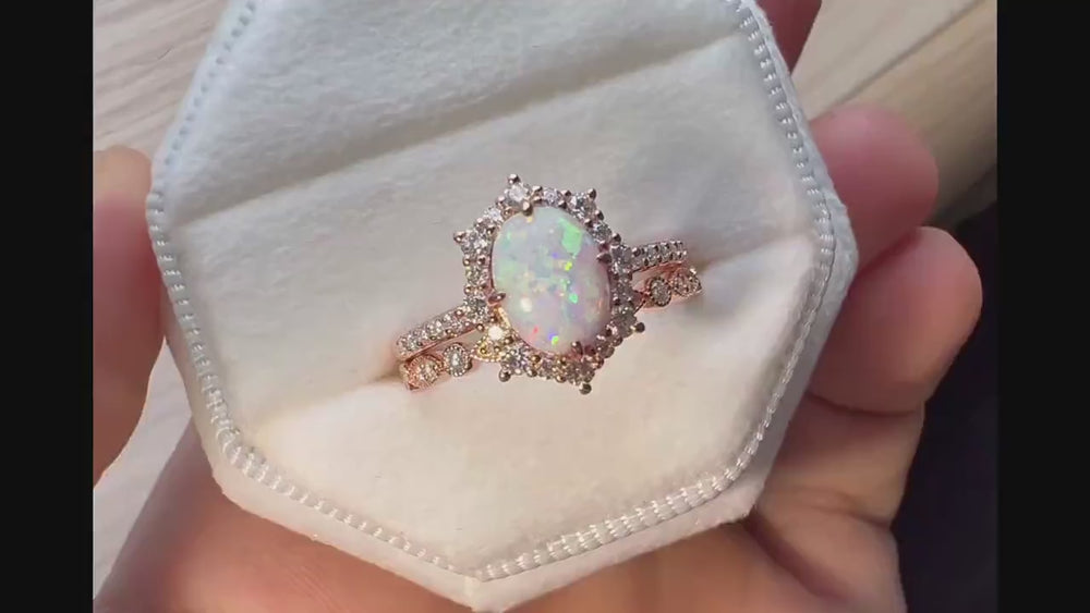 White Fire Opal and Diamond Engagement Ring Set Unique Oval Cut Opal Rose Gold Halo Promise Ring Bridal Set Anniversary Ring Gift for Women - ShainJewelry