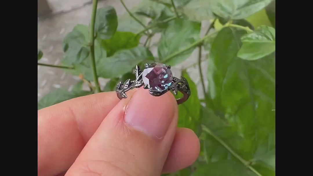 Unique Black Gold Round Shape Alexandrite Engagement Ring, Vintage Rhodium Black Hip Hop Leaf Wedding Ring June Birthstone Promise Ring Gift - ShainJewelry