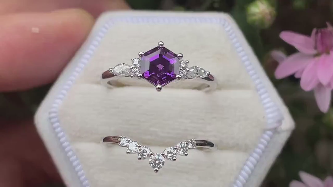Unique Hexagon Cut Purple Violet Sapphire Engagement Ring Set, Lab Grown Sapphire Rose Gold Wedding Promise Ring Bridal Set Anniversary Gift - ShainJewelry