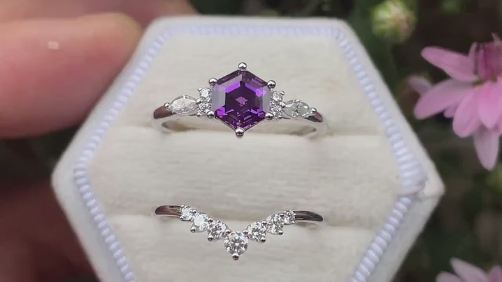 Unique Hexagon Cut Purple Violet Sapphire Engagement Ring Set, Lab Grown Sapphire Rose Gold Wedding Promise Ring Bridal Set Anniversary Gift - ShainJewelry