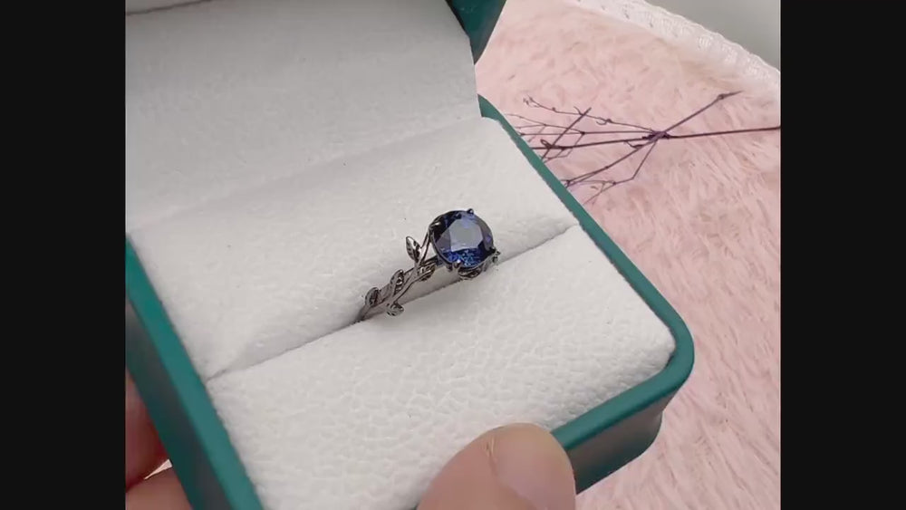 Black Gold Finish Round Blue Sapphire Solitaire Engagement Ring, Rhodium Black Hip Hop Leaf Nature Inspired Wedding Ring, Black Promise Ring - ShainJewelry