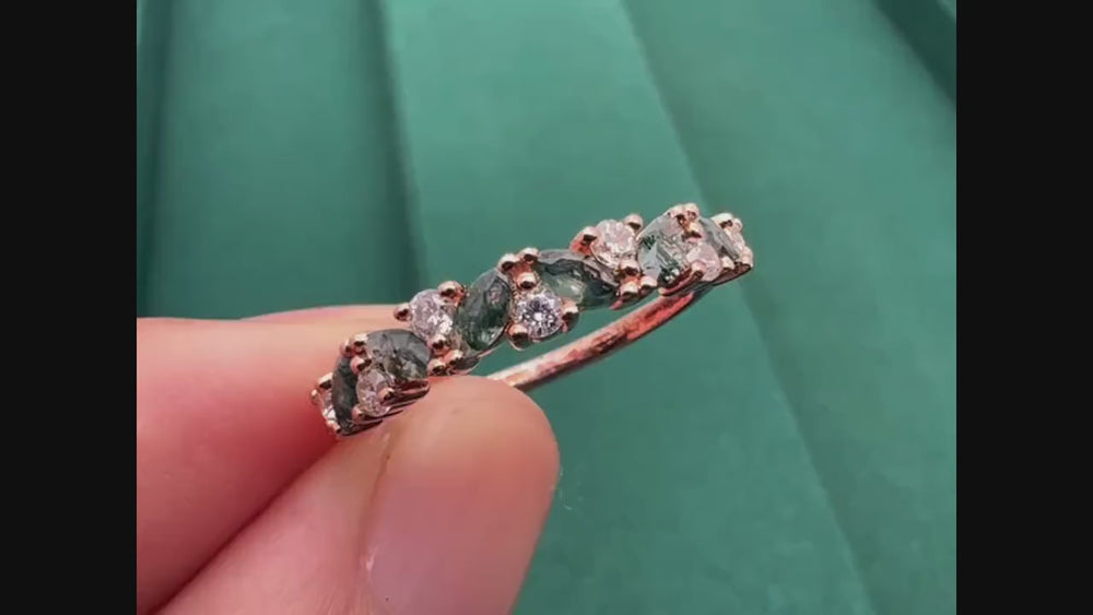 Vintage Marquise Cut Moss Agate Engagement Band, Half Eternity Wedding Band, Promise Ring Enhancer Unique Rose Gold Matching Band for Women - ShainJewelry