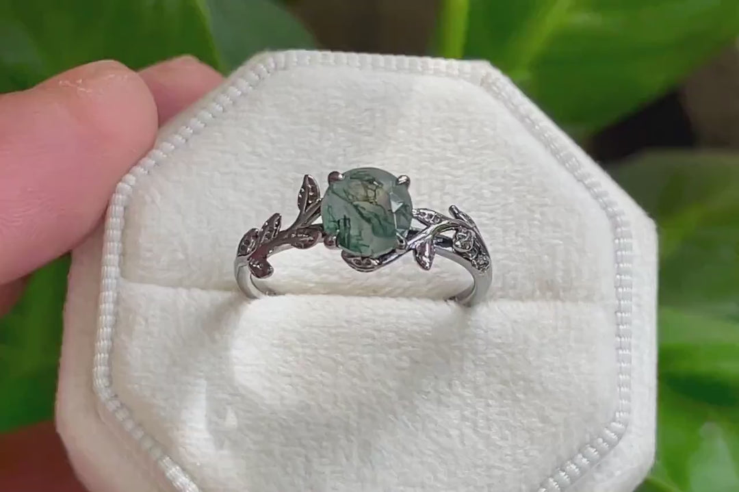 Black Gold Round Shape Moss Agate Solitaire Engagement Ring, Rhodium Black Leaf Nature Inspired Promise Ring, Gothic Anniversary Gift - ShainJewelry