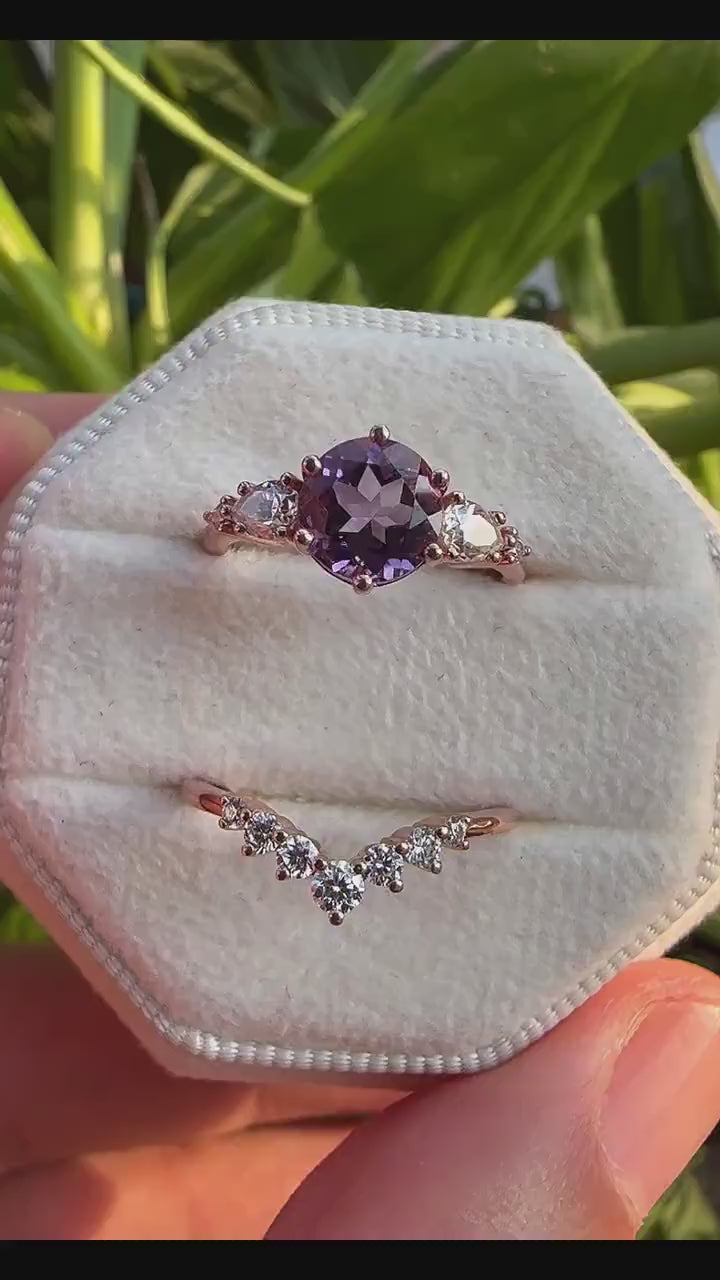 Vintage Round Amethyst and Moissanite Engagement Ring Set, Unique Rose Gold Amethyst Promise Ring, Amethyst Bridal Set Anniversary Ring Gift - ShainJewelry