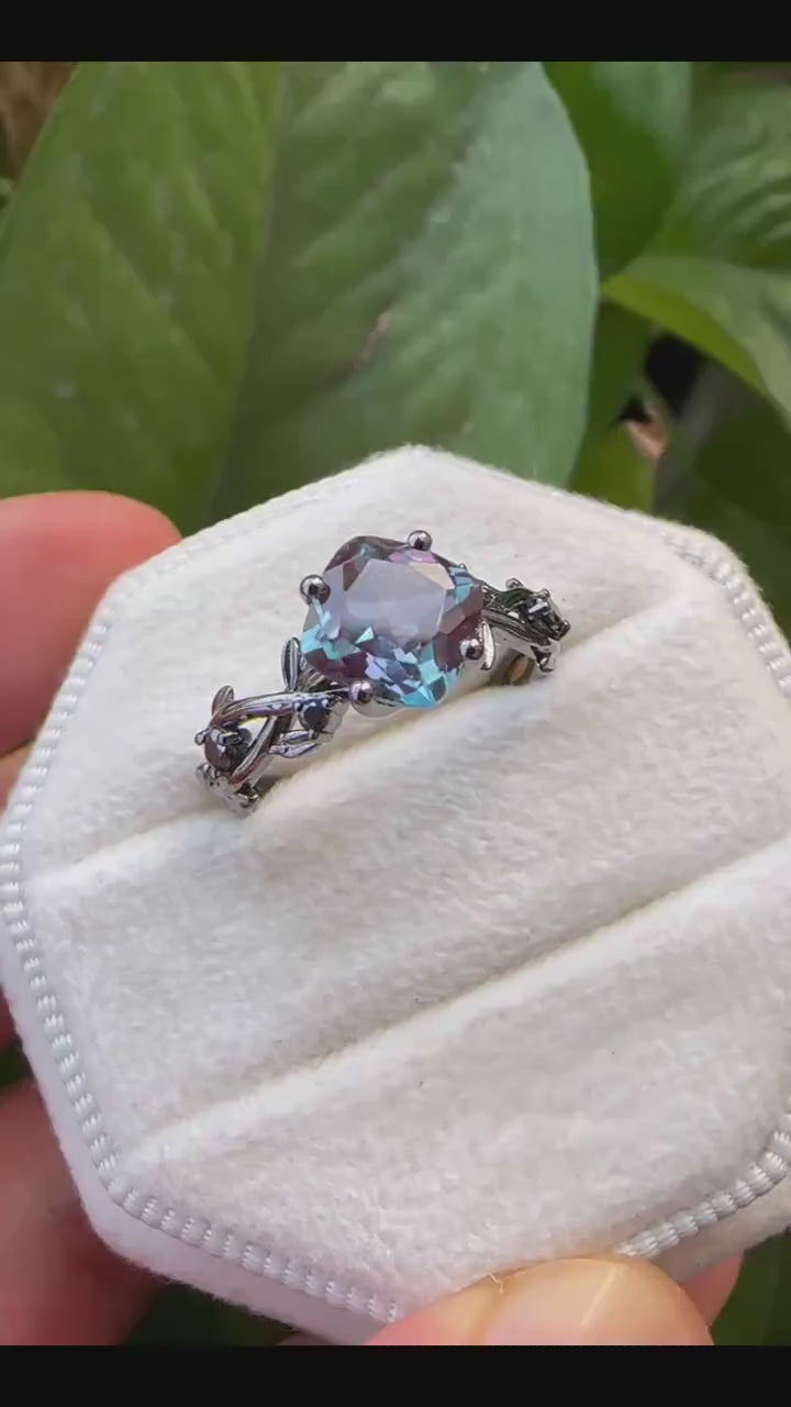 Black Gold Cushion Cut Alexandrite Engagement Ring, Rhodium Black Leaf Bridal Ring, Black Promise Ring, Gothic Black Twig Wedding Ring Gift - ShainJewelry
