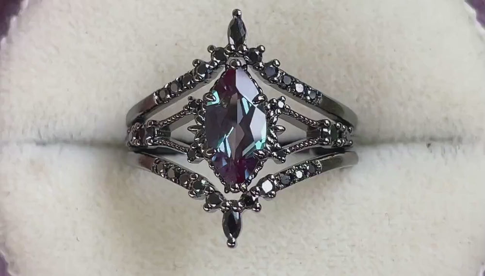 Black Gold 3PCS Marquise Cut Alexandrite Engagement Ring Set, Gothic Punk Bridal Set, Black Rhodium Wedding Set, Black Promise Ring Gift - ShainJewelry