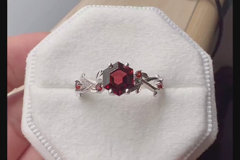 Vintage Hexagon Cut Garnet Leaf Engagement Ring Dainty Twig Promise Ring Unique 14K Rose Gold January Birthday Wedding Ring Gift for Women