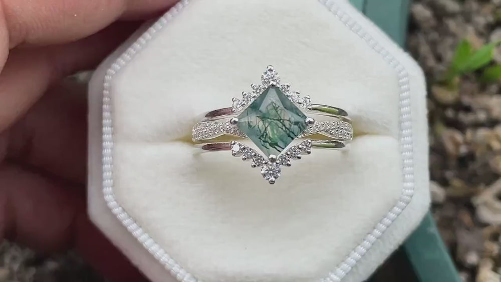3PCS Princess Cut Moss Agate Engagement Ring, Platinum Moss Agate Bridal Set, Moss Agate Wedding Set, White Gold Promise Ring Gift for Women - ShainJewelry
