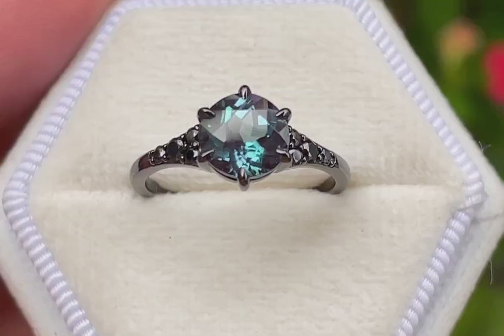 Unique Black Gold Round Shape Alexandrite Engagement Ring, Vintage Rhodium Black Hip Hop Wedding Ring, Gothic June Birthstone Promise Ring - ShainJewelry