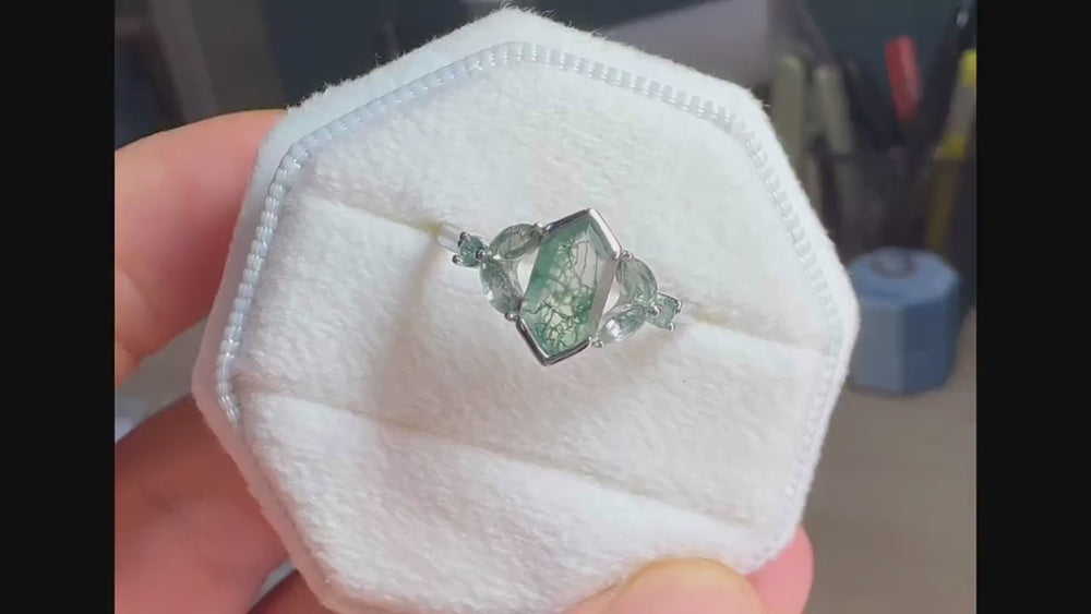 Vintage Hexagon Cut Cluster Moss Agate Engagement Ring, Silver Moss Agate Promise Ring, 14K Rose Gold Wedding Ring Anniversary Gift for her - ShainJewelry