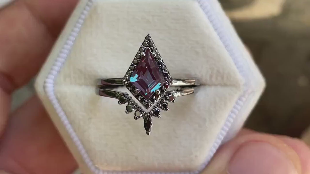 Black Gold Kite Shape Alexandrite Engagement Ring Set, V Shape Black Halo Promise Ring, Black Wedding Ring Set, Gothic Black Bridal Set - ShainJewelry