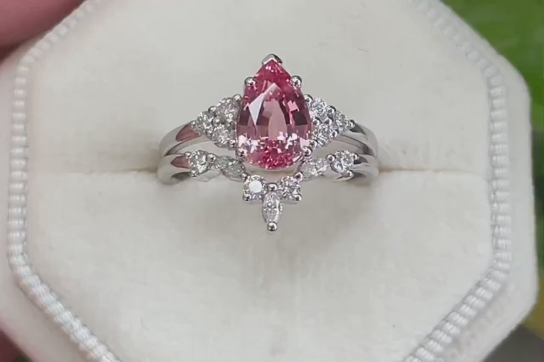 2 CT Pear Shape Padparadscha Pink Sapphire Engagement Ring Set, Unique 14K White Gold Wedding Set, Pink Stone Promise Ring Gift for Women - ShainJewelry